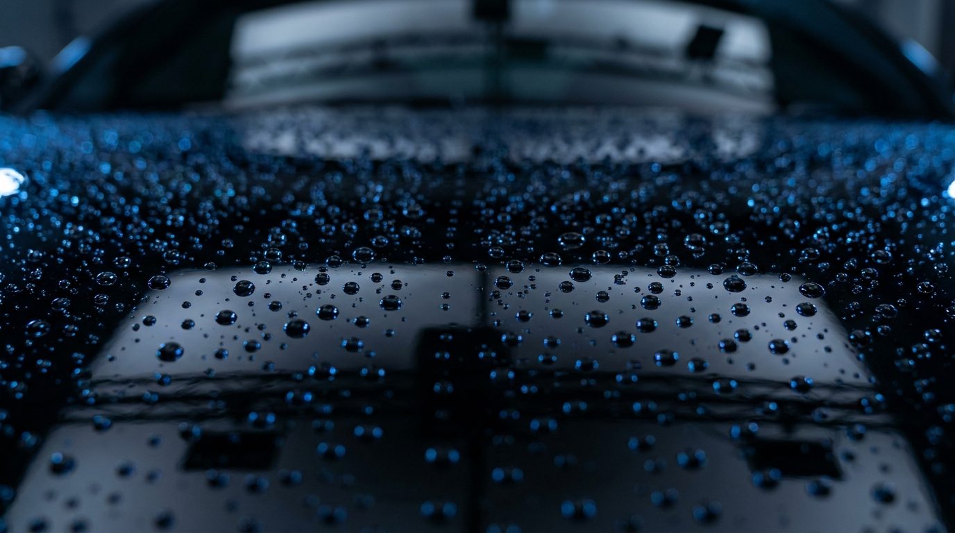 Water beading on a ceramic-coated black bonnet